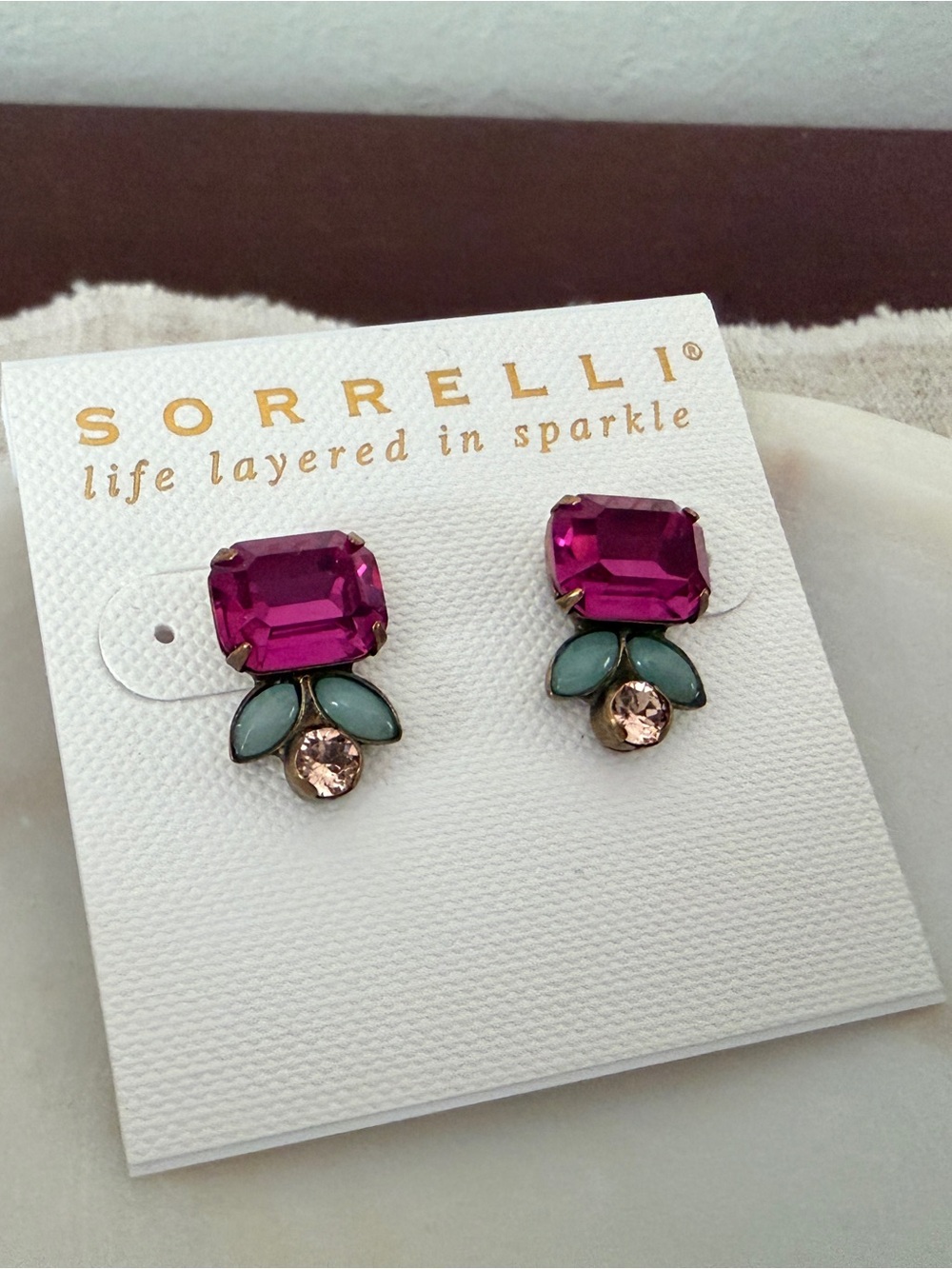 Sorrelli Fuchsia Crystal Studs with Mint Accents and Champagne Drop